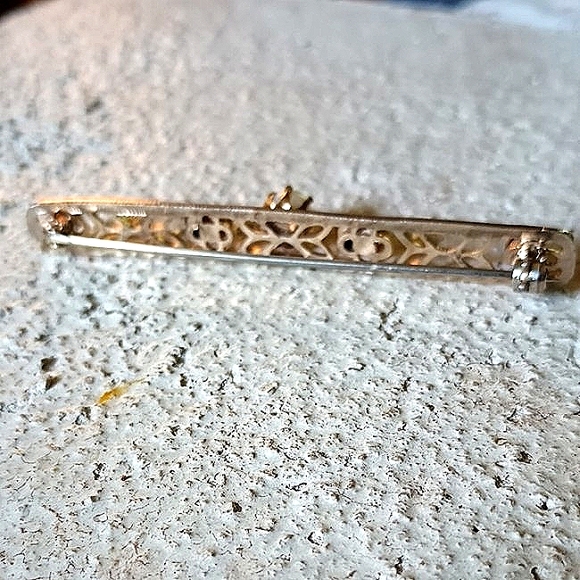 Vintage Art Nouveau Era Openwork Gold Tone Faux Seed Pearl Bar Brooch La… - Picture 5 of 9